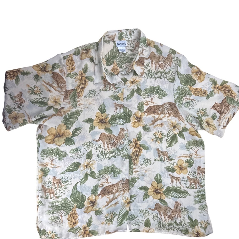 Vintage BonWorth WomensXL Safari Cheetah Hibiscus Tropical Button Down Shirt